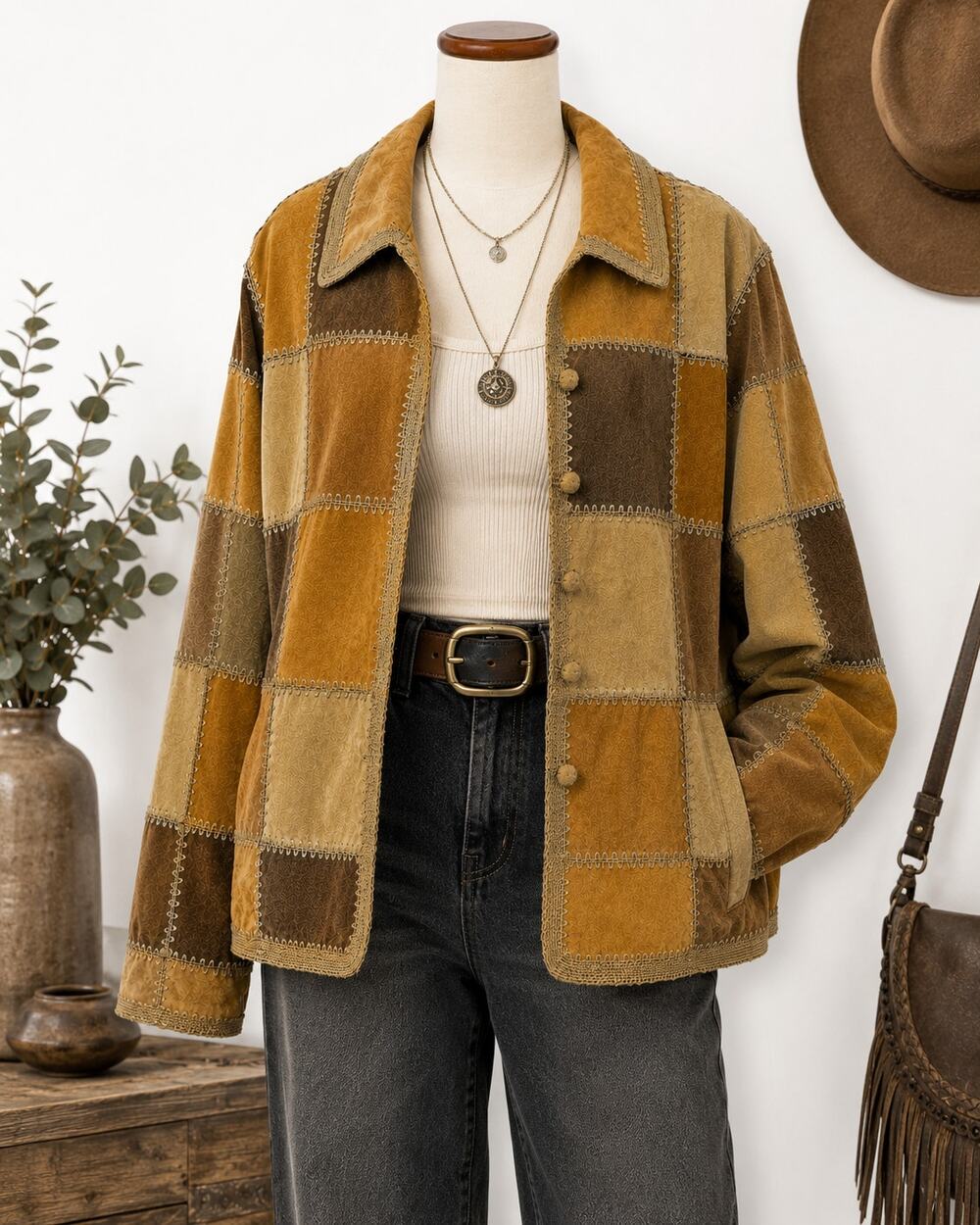Patchwork Suede Leather Jacket Boho Western Cottagecore Denim & Co Plus Size 1X